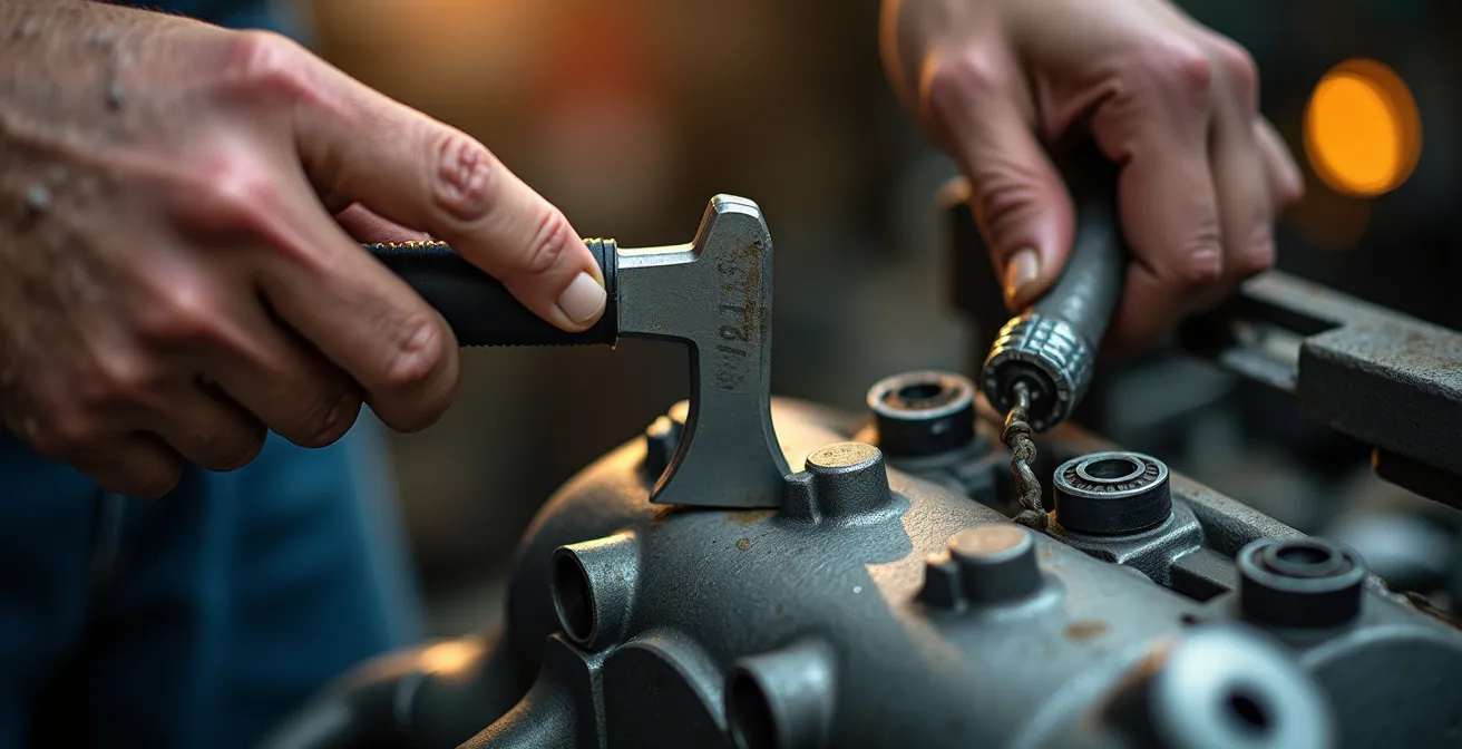 Gros plan sur les mains d'un mécanicien inspectant un moteur avec des outils professionnels