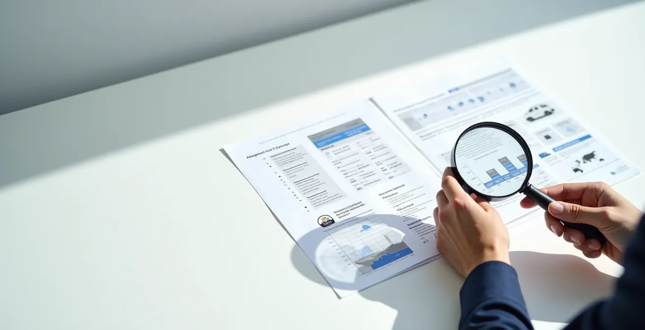 Vue plongeante sur une table avec documents automobiles organisés et mains examinant les papiers