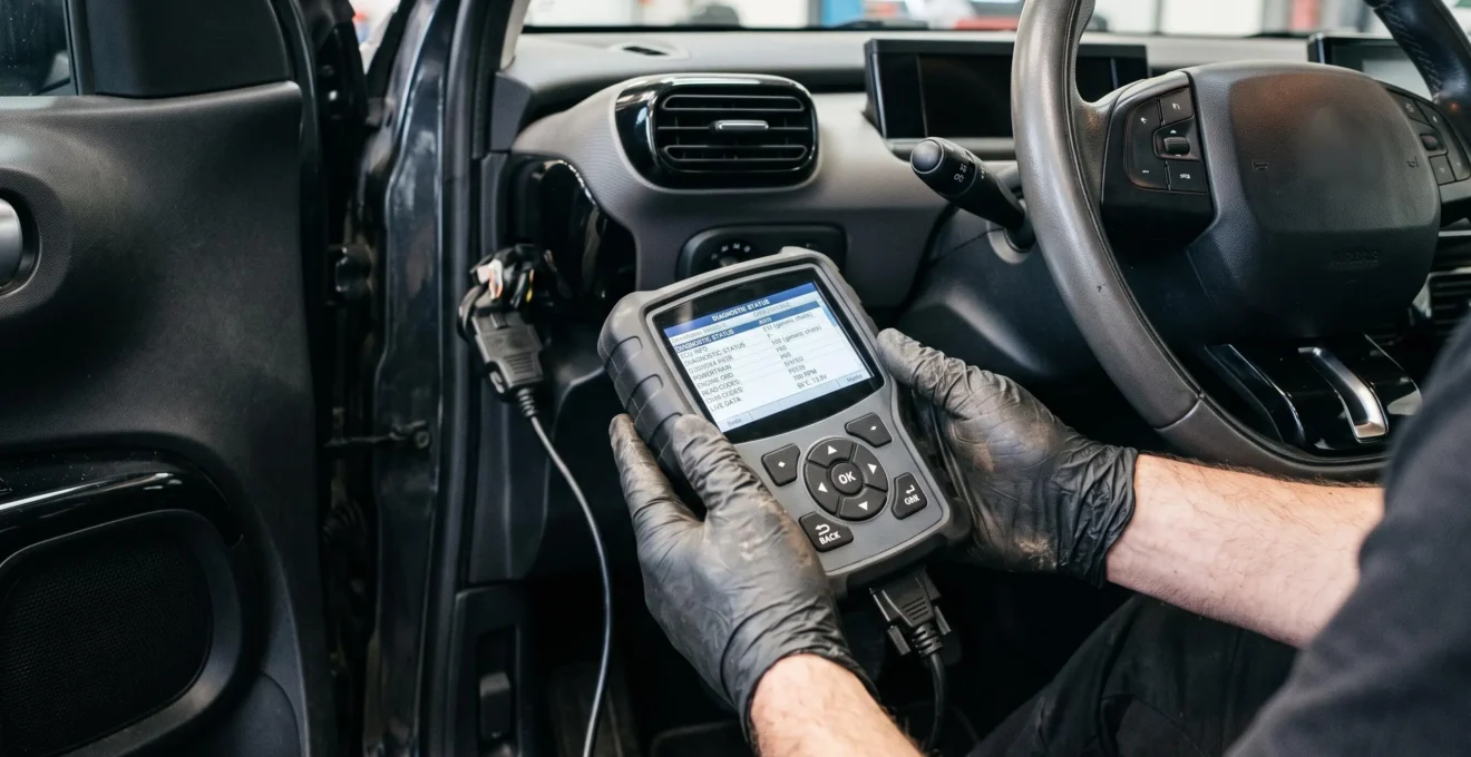 Mains d'un technicien utilisant un outil de diagnostic électronique connecté au port OBD d'un véhicule lors d'un contrôle qualité