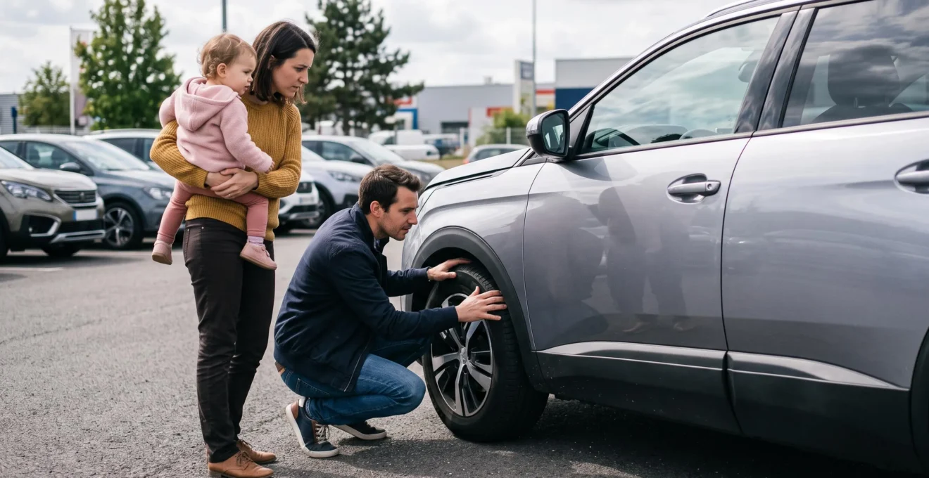 Jeune couple avec enfant inspectant attentivement l'état extérieur d'un SUV familial d'occasion sur un parc de véhicules certifiés