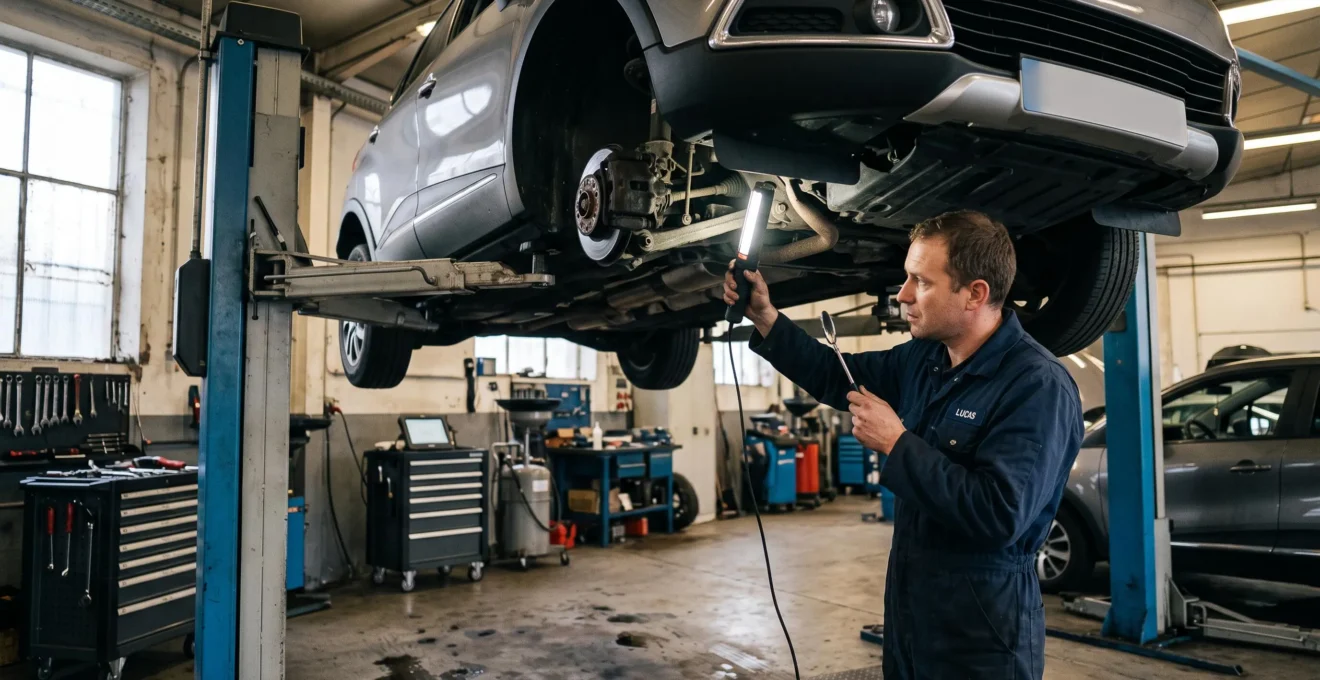 Technicien automobile inspectant minutieusement le dessous d'un SUV compact français sur pont élévateur dans un atelier de contrôle qualité