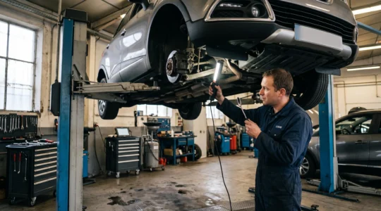 Technicien automobile inspectant minutieusement le dessous d'un SUV compact français sur pont élévateur dans un atelier de contrôle qualité