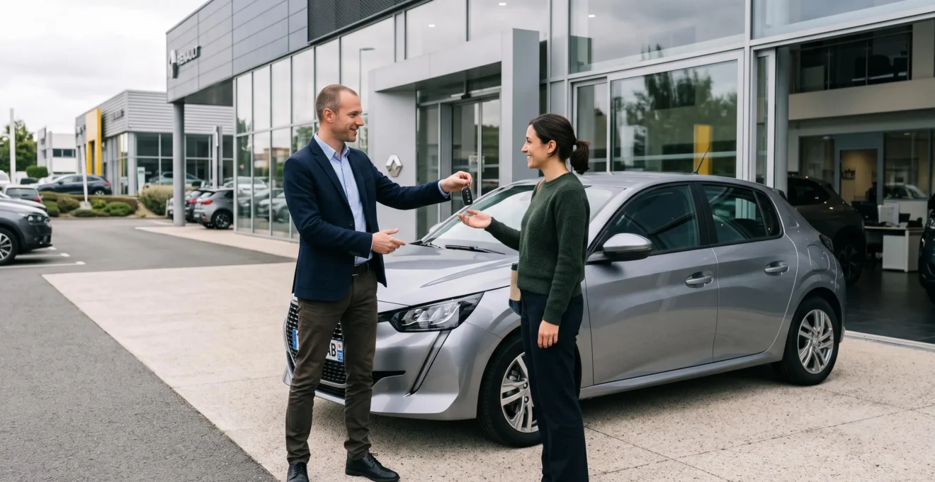 Conseiller automobile remettant les clés d'un véhicule neuf à un client devant une concession moderne