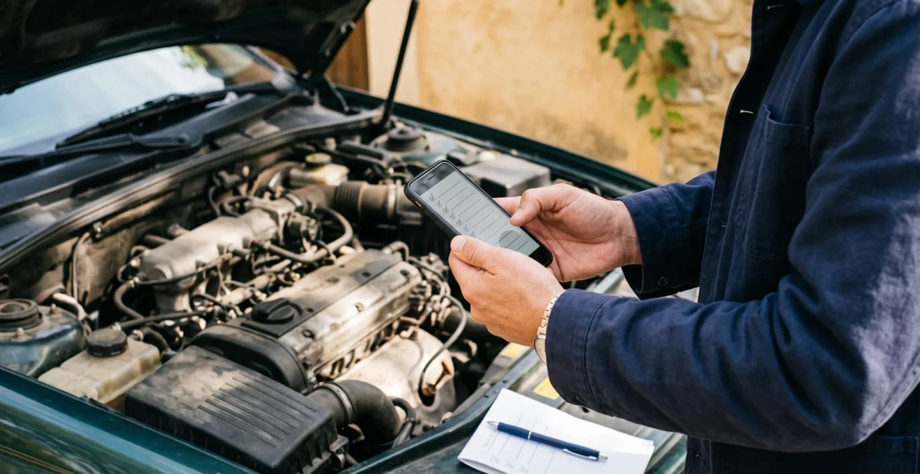 Une personne consulte une liste de vérifications sur son smartphone à côté du moteur ouvert d'une voiture d'occasion.
