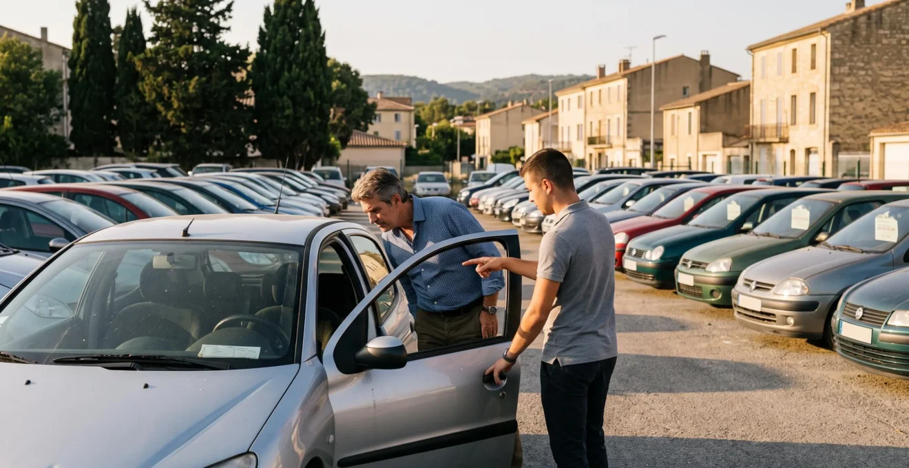 Un client examine l'habitacle d'une voiture d'occasion accompagné d'un vendeur sur un parc automobile de concessionnaire.