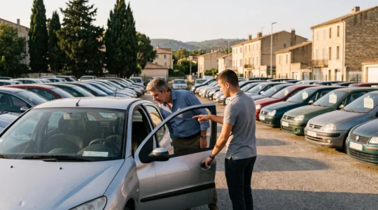 Un client examine l'habitacle d'une voiture d'occasion accompagné d'un vendeur sur un parc automobile de concessionnaire.